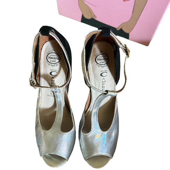 JEFFREY CAMPBELL ROCKSLIP Holographic Suede PEEP-TOE PLATFORM Wedges🌈🦄 7.5 - Picture 3 of 16